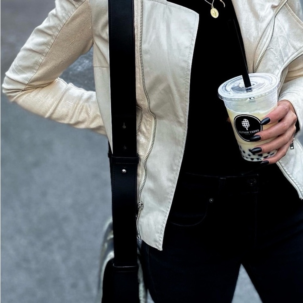 Stylish Cream Pleather Jacket by Comme with Zipper Accents Size Small